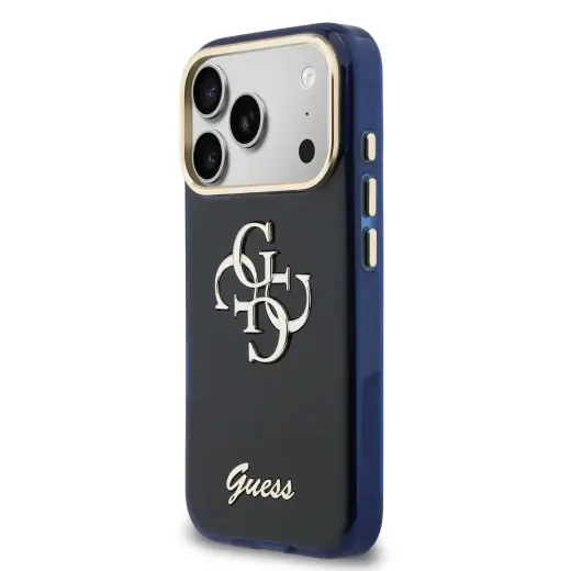 Guess IML 4G Script Metal Logo maciņš telefonam iPhone 17 Pro Max zils