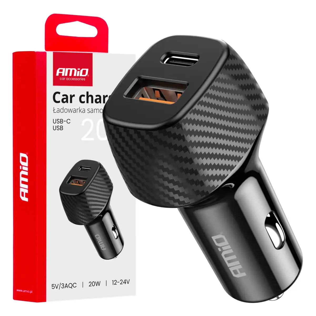 AMiO AMIO-04282 auto lādētājs | 20W | PD, QC | USB-A, USB-C