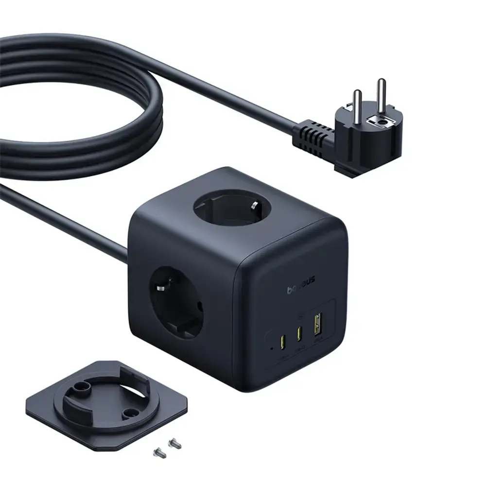 Baseus EnerFill FA11 67W Power Strip, USB-A + USB-C Cube + 3 x EU Socket 1.5m - Black