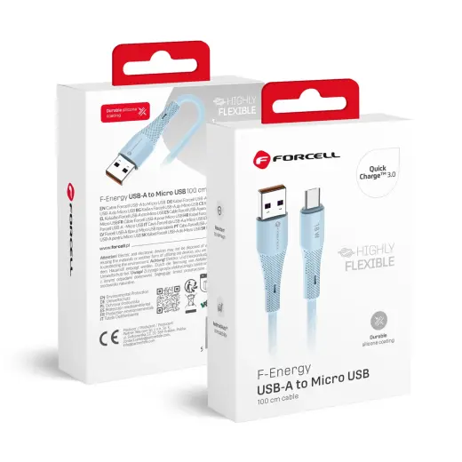 Forcell F-Energy C341 duomenų perdavimo ir įkrovimo laidas | USB-A į Micro USB | QC 3.0 | 18W | 1m | mėlynas