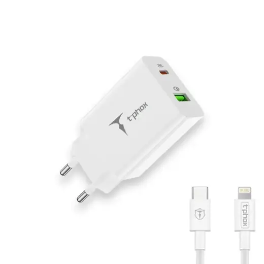 T-Phox Speedy tīkla lādētājs | 20W | PD, QC | USB-C, USB-A | ar USB-C uz Lightning vadu komplektā | balts