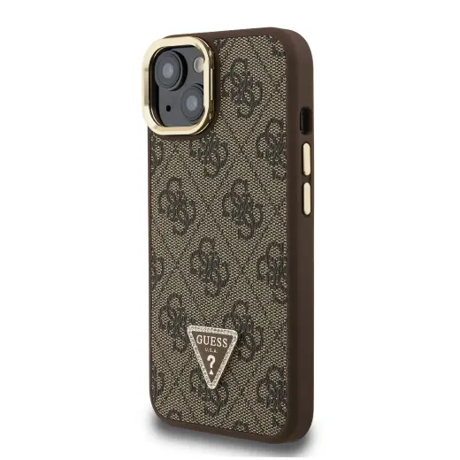 Guess PU 4G Strass Triangle Logo Stand Camera Frame MagSafe telefona maciņš iPhone 15 brūns