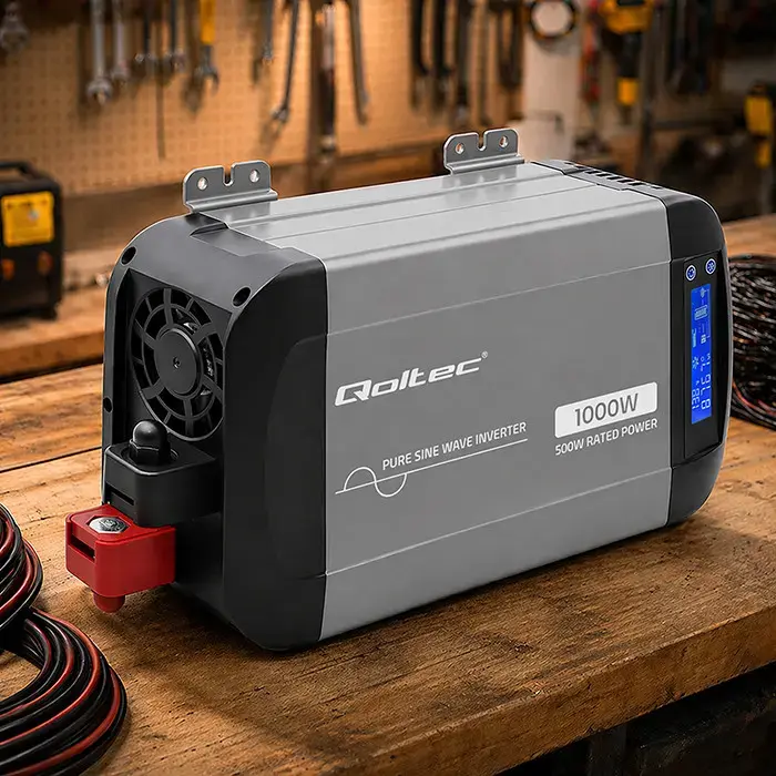 Qoltec Pure Sine Wave Inverter | 12V to 230V | 500/1000W | LCD | USB | USC-C | Compatible with LiFePO4 GEL AGM