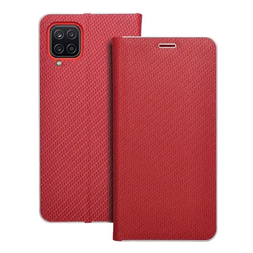 LUNA Book Carbon spalvos knyginio tipo telefono dėklas, skirtas Samsung Galaxy A12 (A125) | M12 (M127), raudonas