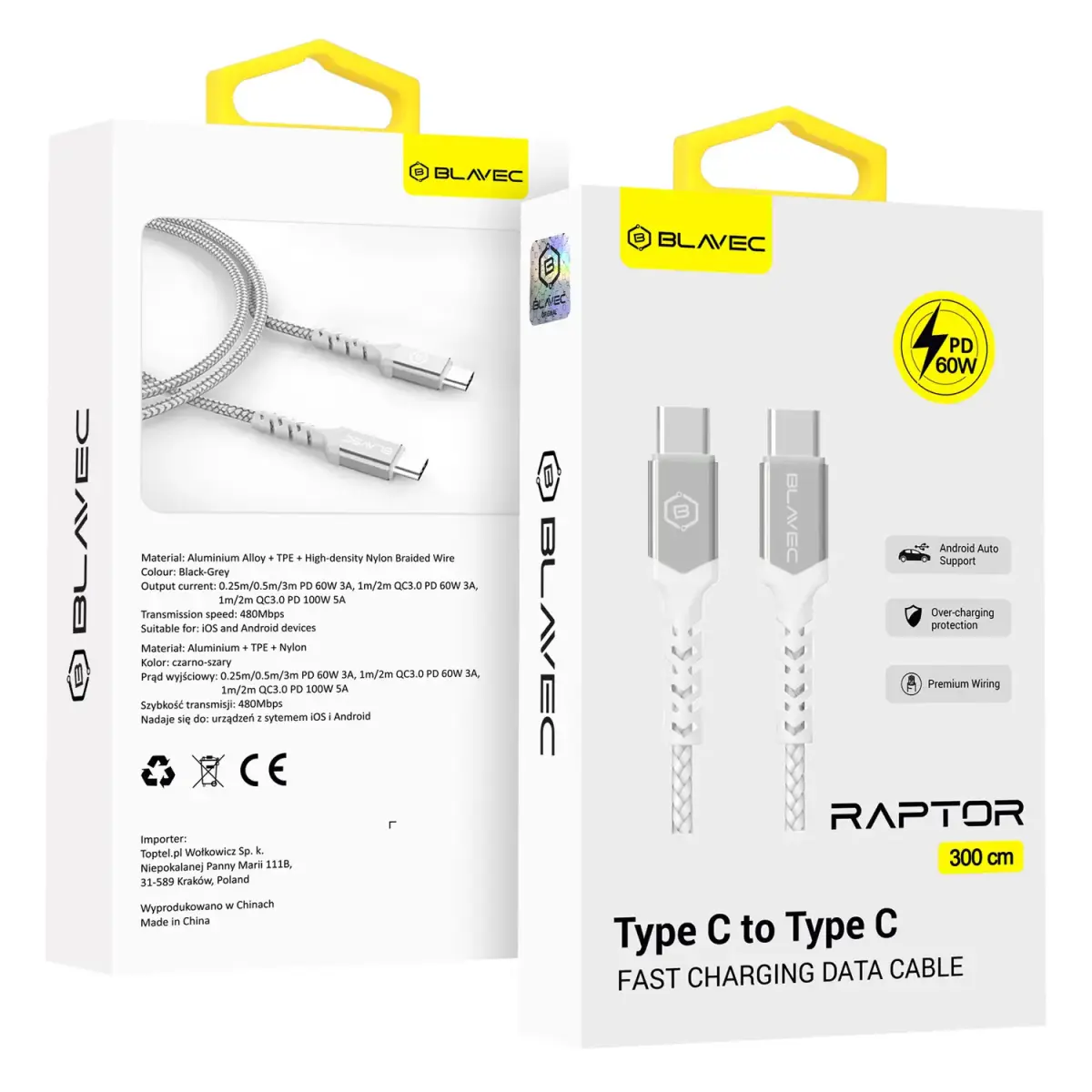 Blavec Raptor CRA-CC3WS30 data transfer and charging cable | USB-C to USB-C | 60W | 3m | white, silver