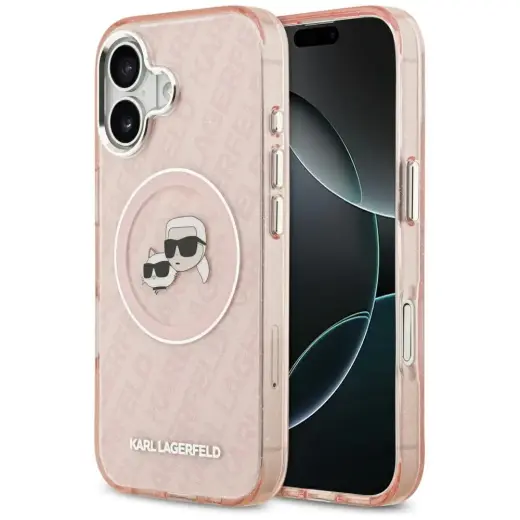 Karl Lagerfeld IML Glitter Karl & Choupette Heads Logo telefoniümbris MagSafe toega iPhone 17 jaoks, roosa