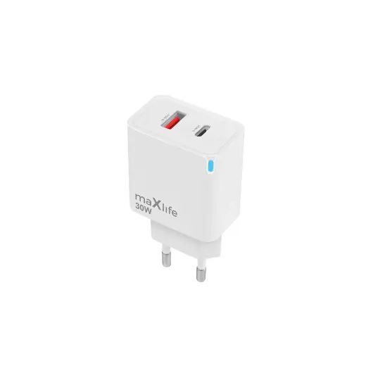 Maxlife MXTC-09-30AC tīkla lādētājs | 30W | PD, QC, GaN | USB-C, USB-A | balts