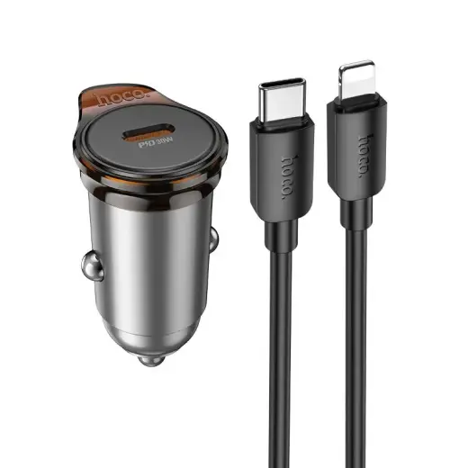 HOCO NZ16 automobilinis įkroviklis | 30W | PD, QC | USB-C, Lightning | su USB-C į Lightning laidu komplekte | pilkas