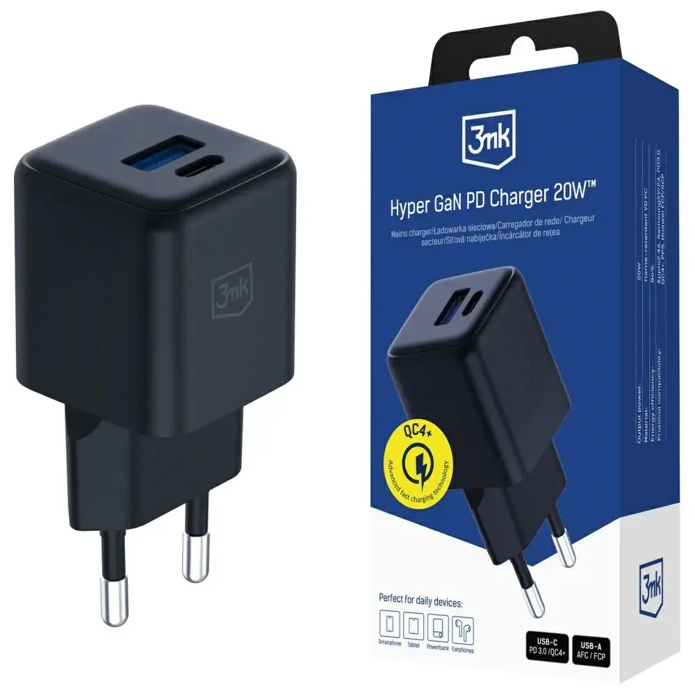 3MK Hyper GaN tīkla lādētājs | 20W | USB-A, USB-C, PD, QC4+ | melns