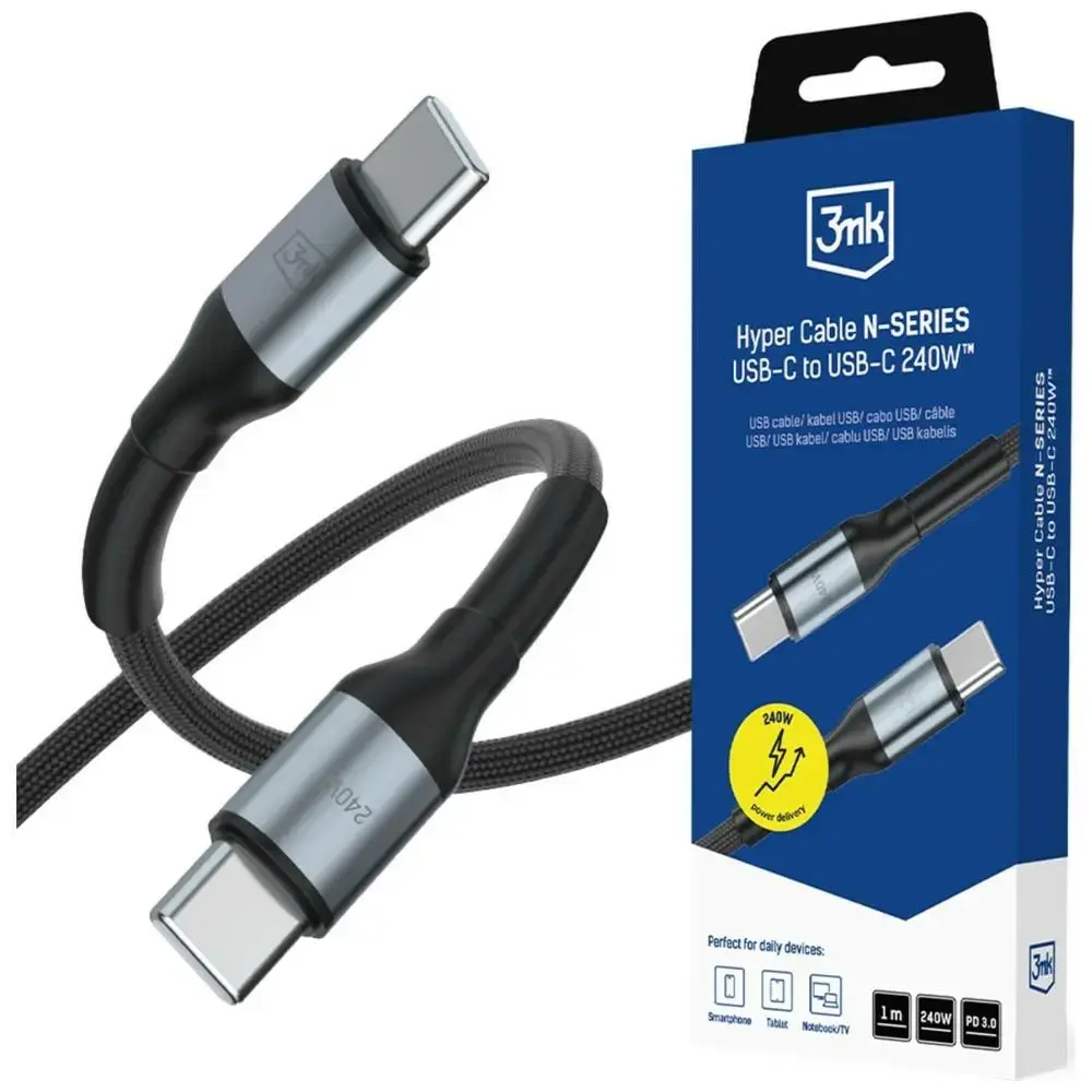 3mk Protection Hyper N-SERIES datu pārraides un uzlādes vads | USB-C uz USB-C | 240W | 1m | melns