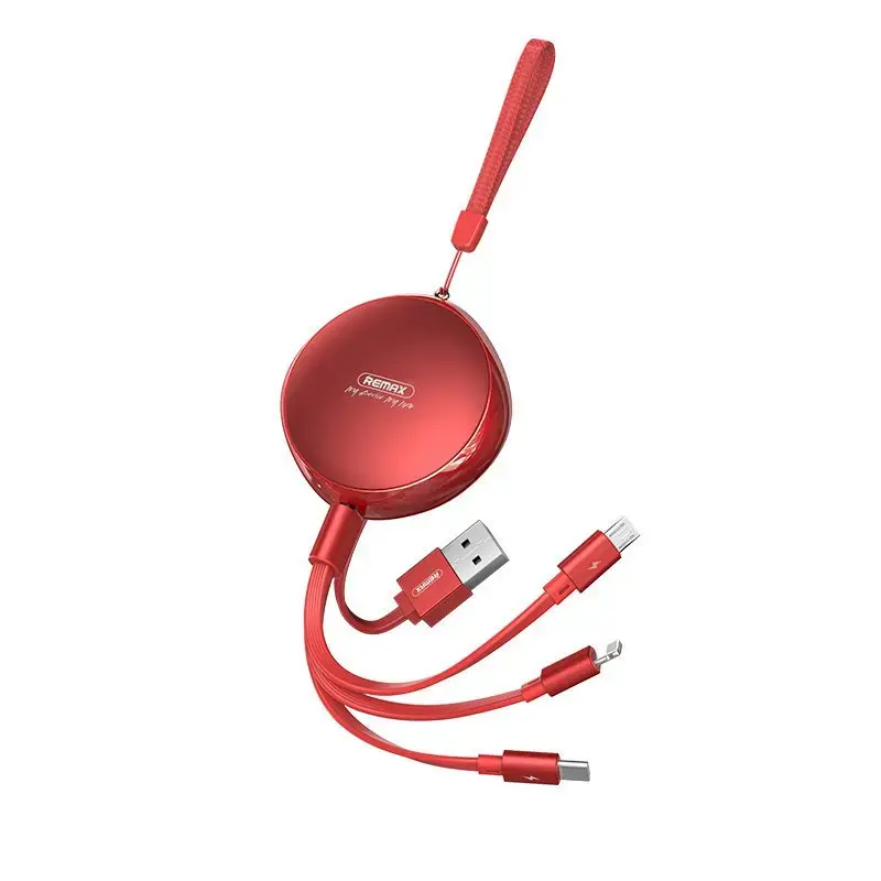 REMAX Sury flat retractable 3in1 data charging cable USB - USB Type C | Lightning | micro USB 2,1 A 1 m red (RC-185th)