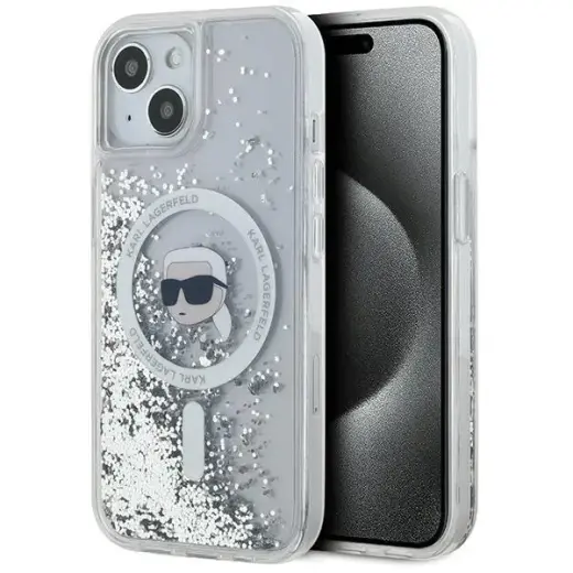 Karl Lagerfeld Liquid Glitter Karl Head maciņš ar MagSafe atbalstu telefonam iPhone 15 | iPhone 14 | iPhone 13 caurspīdīgs