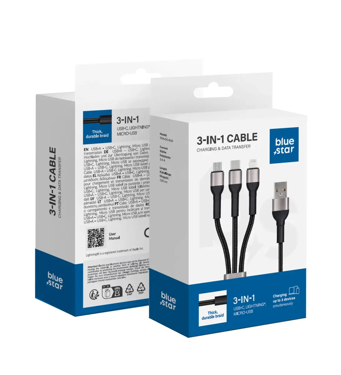 Blue Star TFK-DC-010 3-in-1 data transfer and charging cable | USB-A to Lightning, Micro USB, USB-C | 12W | 1.2m | black