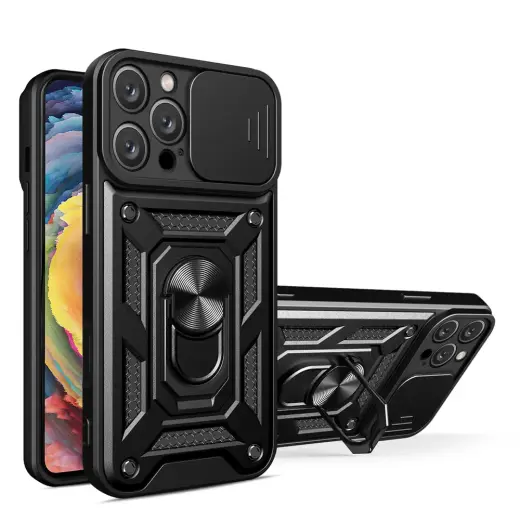 Hybrid Armor Camshield telefono dėklas su stovu iPhone 16 Pro Max juodas (su kameros apsauga)