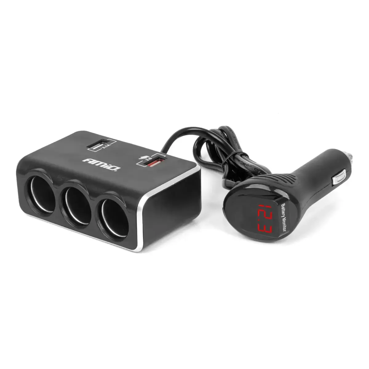 Triple extension socket charger with digital display 2x USB A QC 3.0 12/24V 120W 80cm AMIO-04364