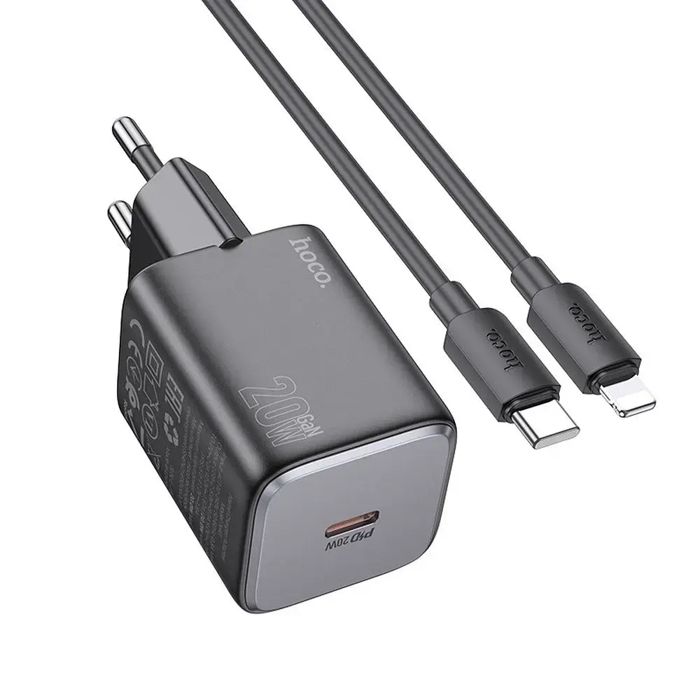 HOCO N40 tīkla lādētājs | 20W | PD, QC | USB-C | ar USB-C uz Lightning vadu komplektā | melns