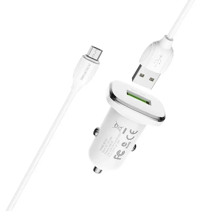 Borofone BZ12A car charger | 18W | QC | USB-A | with USB to Micro USB cable included | white