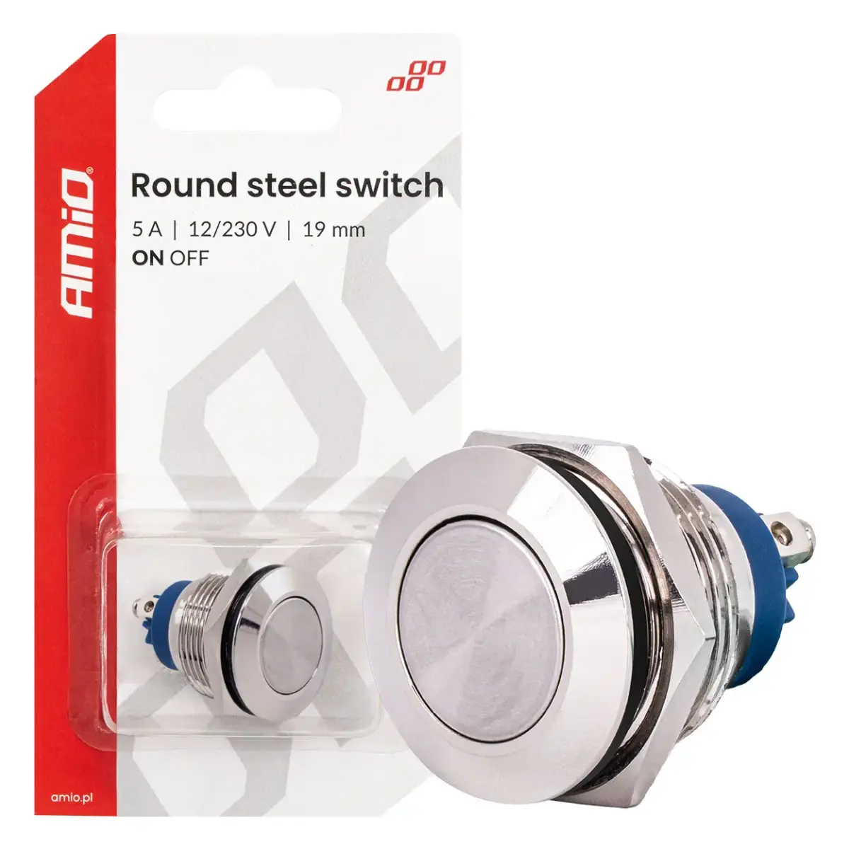 Round steel switch  ON/OFF 19mm 5A 12/230V AMIO-04474