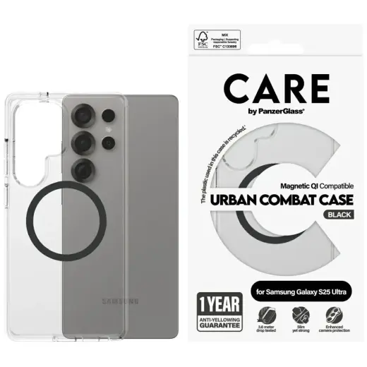 Etui CARE by PanzerGlass Flagship Urban   Combat QI do Samsung Galaxy S25 Ultra przezroczysty-czarny