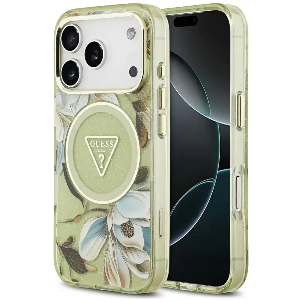 Case Guess IML Glitter Flowers Triangle MagSafe for iPhone 17 Pro Max green