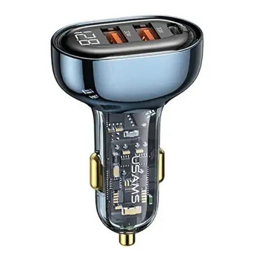 USAMS CC158CC02 automašīnas lādētājs | 125W | USB-A, USB-C | caurspīdīgi zils