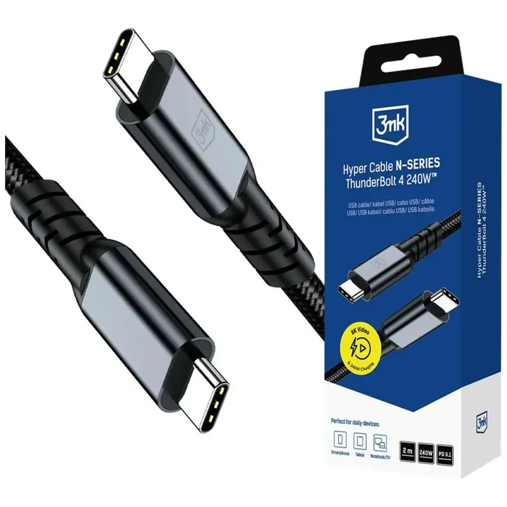 3MK Hyper N-SERIES datu pārraides un uzlādes vads | USB-C uz USB-C | 240W | Thunderbolt 4 | 2m | melns