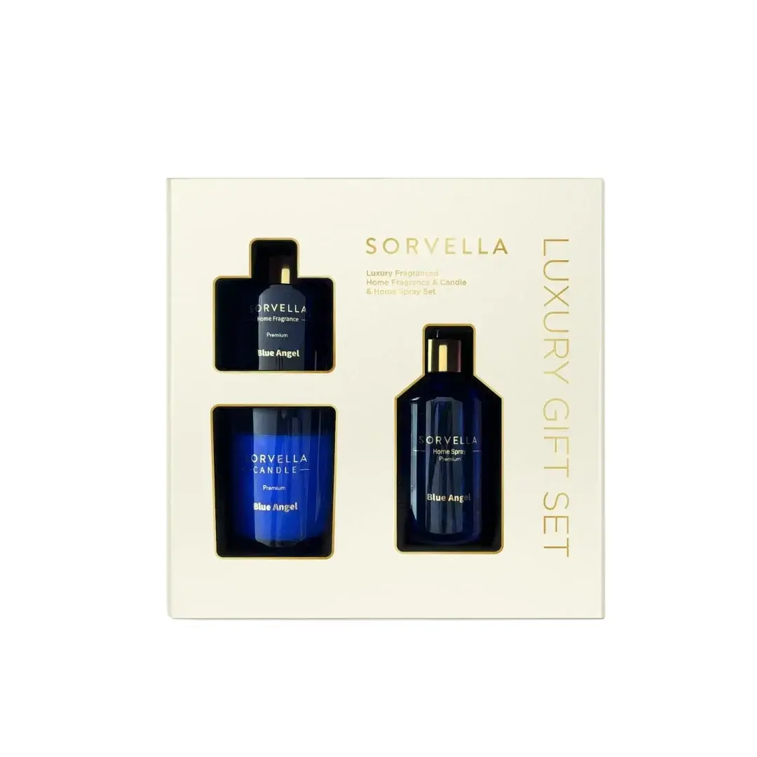 Set Sorvella: Blue Angel, Stick, Aroma Reed Diffuser, 120 ml + Blue Angel, Fruity & Floral, Scented Candle, 170 g + Blue Angel, Sartorial Sage, Room Spray, 200 ml