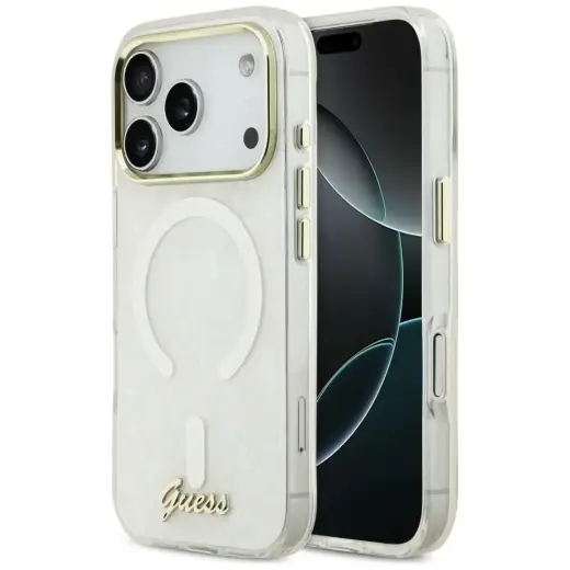 Guess IML Shell Script dėklas su MagSafe palaikymu telefonui iPhone 17 Pro Max baltas