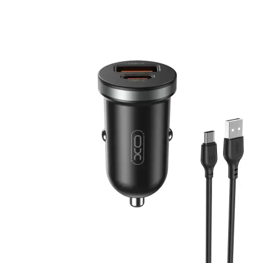 Зарядка для автомобиля XO CC56 | 30W | PD, QC | USB-A, USB-C | с кабелем USB-A на USB-C в комплекте | чёрная