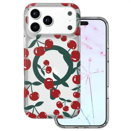 Cherry phone case with MagSafe support for iPhone 17 Pro Max | iPhone 18 Pro Max transparent