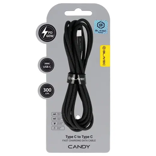 Blavec Candy CCA-CC3B30 datu pārraides un uzlādes vads | USB-C uz USB-C | PD | 60W | 3m | melns
