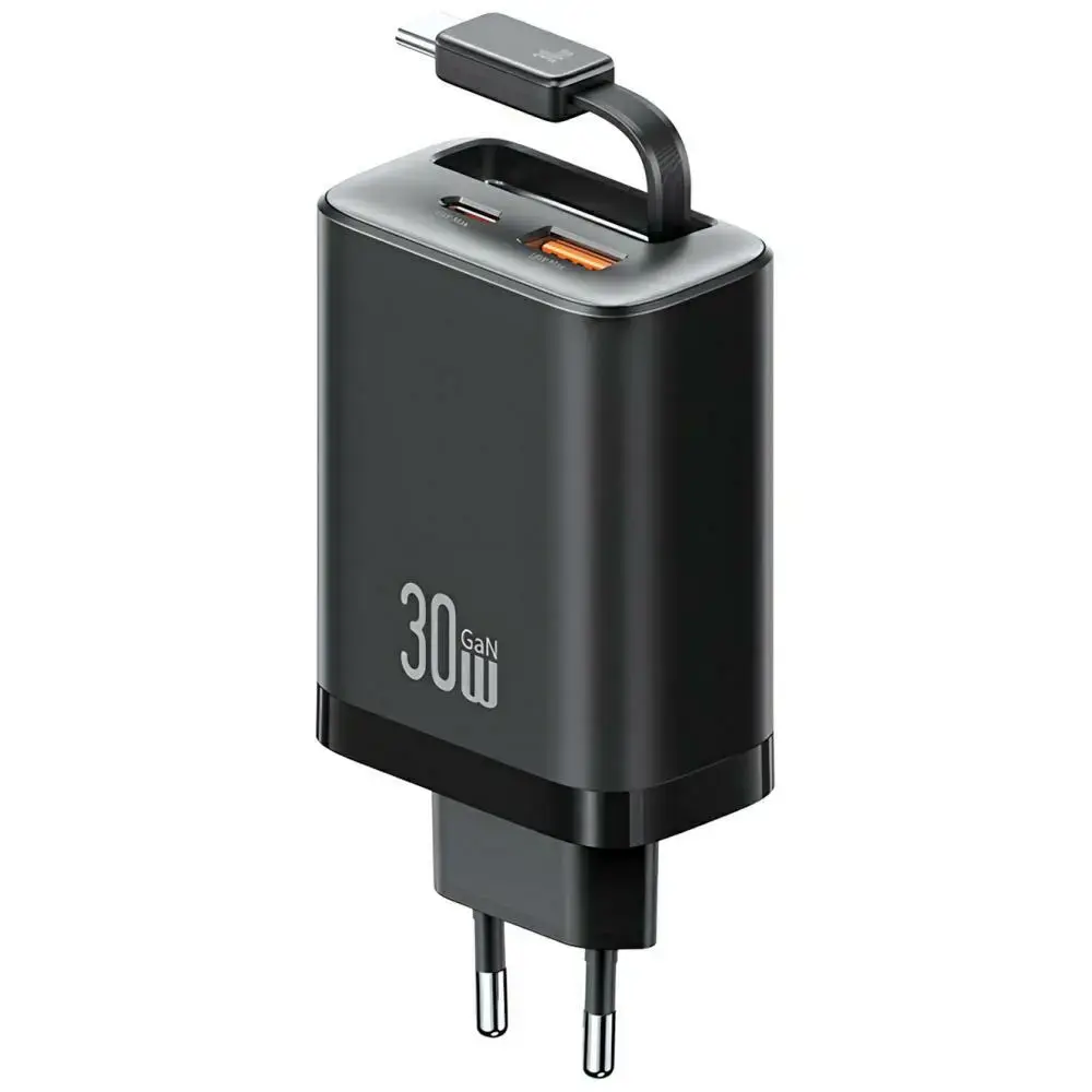 USAMS Xiang Series CC296 tīkla lādētājs | 30W | USB-C, USB-A | ar USB-C vadu komplektā | melns