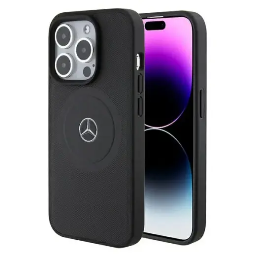Mercedes MEHMP15L23RMMK Crossed Lines Pattern Leather telefono dėklas su MagSafe palaikymu iPhone 15 Pro juodas