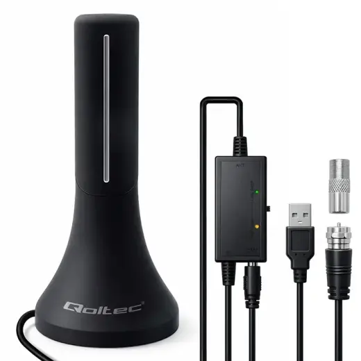 Qoltec Internal High-Power DVB-T/T2 TV Antenna | signal amplifier | 4K | high gain 32dBi | 360º | 4m