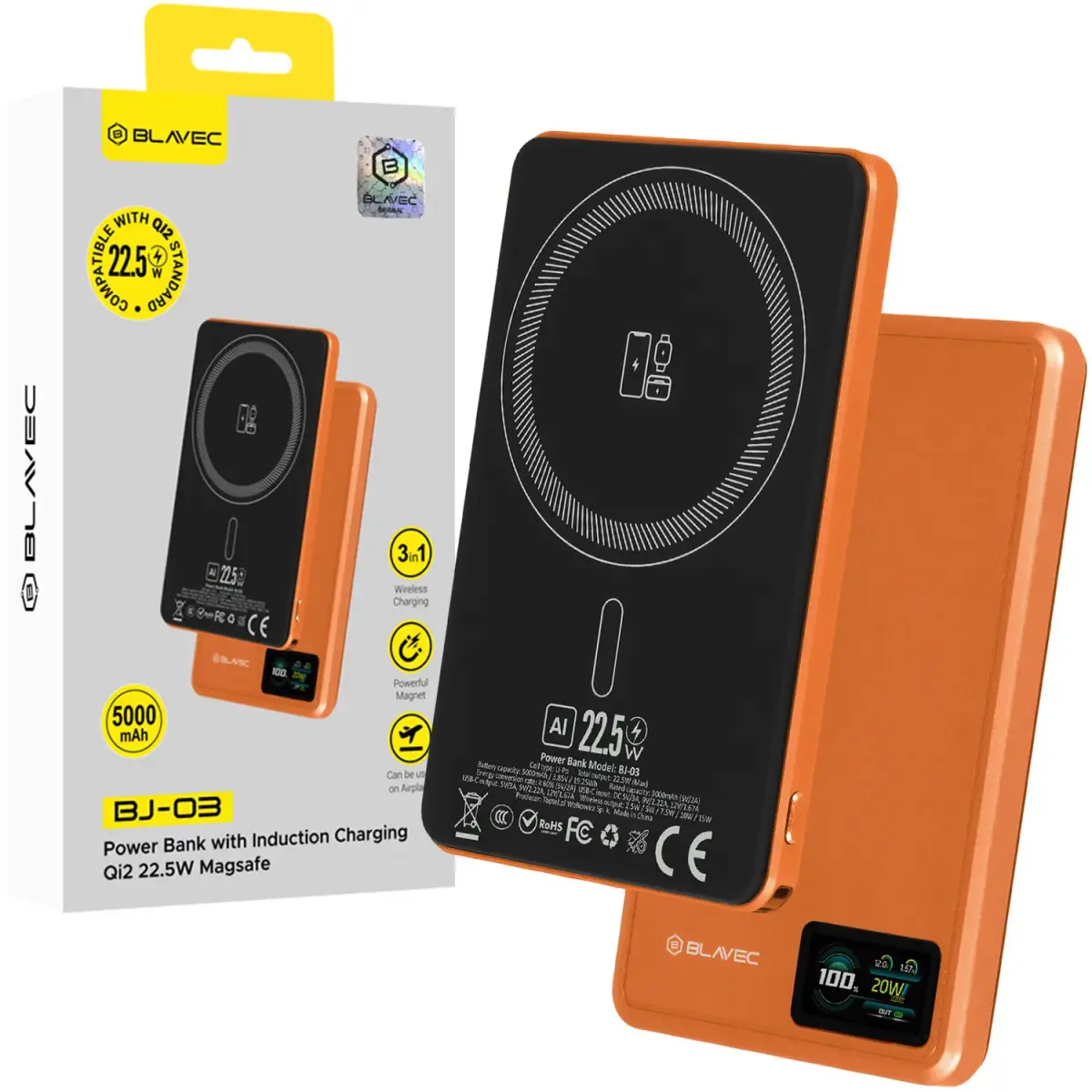 Blavec BJ-03 Ultra Slim 7,8mm ārējais akumulators (powerbank) | 5 000 mAh | 22.5W | USB-C, MagSafe | oranžs