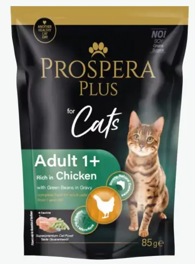 Konservi kaķiem - Prospera Plus, Cat Pouch Adult 1+, Chicken and Beans, 85 g