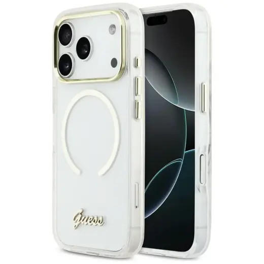 Guess IML Script Metal maciņš ar MagSafe atbalstu telefonam iPhone 17 Pro caurspīdīgs