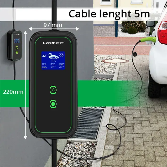 Qoltec Mobile EV charger with adjustable 2in1 Type2 | 7kW | 230V | CEE 32A | Wi-fi | LCD | Portable | Wallbox | 5m
