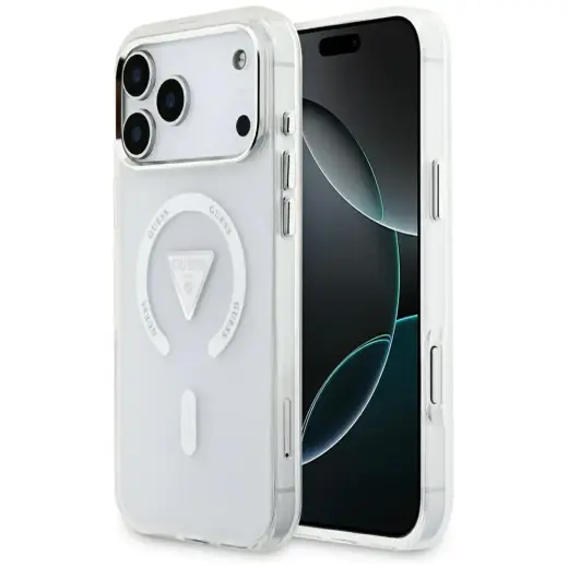 Guess IML Gradient With Print Triangle Logo & Silver Metal Camera Buttons telefoni ümbris MagSafe toega iPhone 17 Pro Max läbipaistev