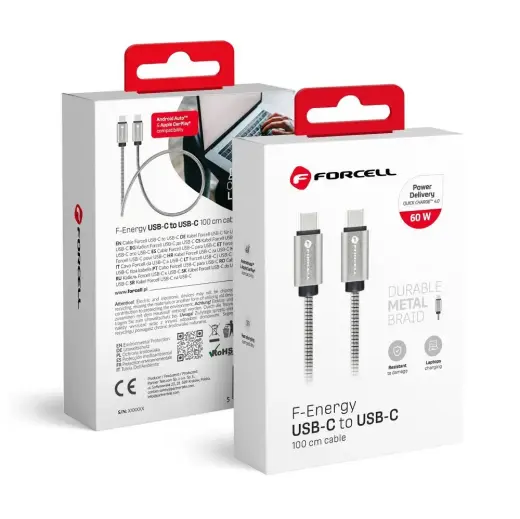 Forcell F-Energy C237 data transfer and charging cable | USB-C to USB-C | QC 4.0, PD | 60W | 1m | silver