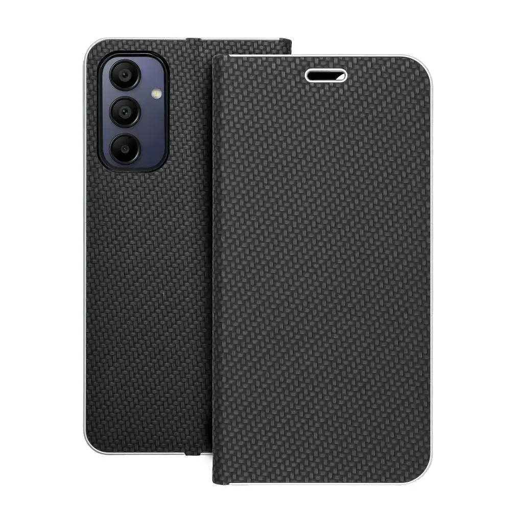 LUNA Carbon knyginio tipo telefono dėklas Samsung Galaxy A15 4G (A155) | A15 5G (A156) juodas