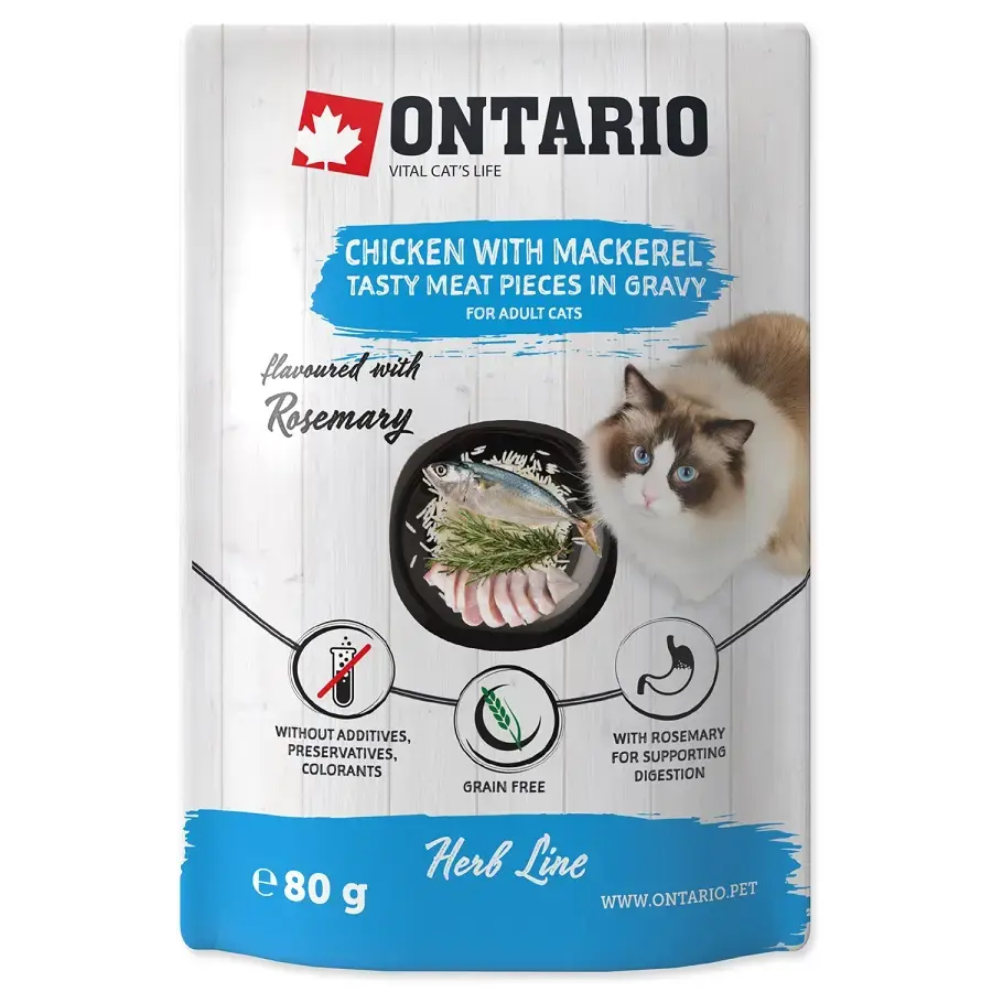 Konservi kaķiem – Ontario Herb Chicken with Mackerel, Rice and Rosemary, 80g