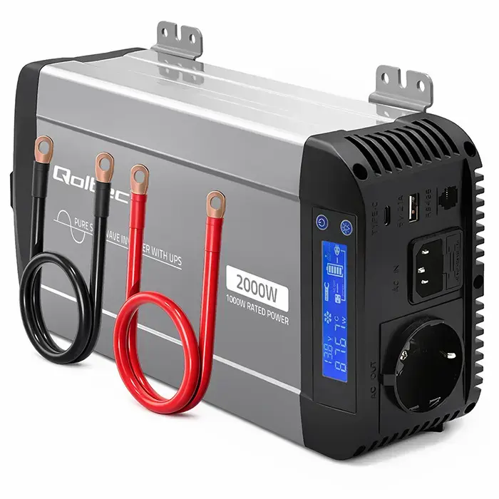 Qoltec Pure Sine Wave Inverter with UPS | 12V to 230V | 1000/2000W | LCD | USB | USB-C | Compatible with LiFePO4 GEL AGM