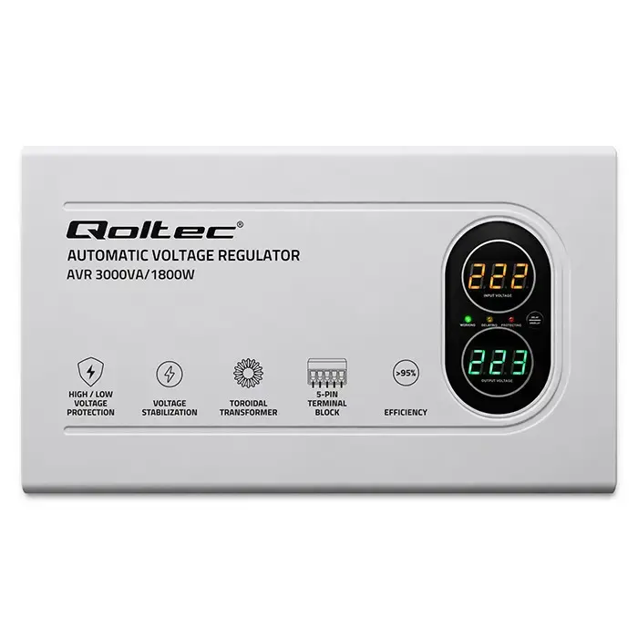 Qoltec Automatic Voltage Stabilizer AVR 3000VA | 1800W | Compact | Toroidal transformer