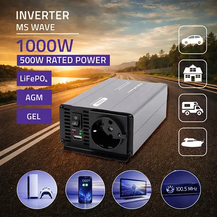 Qoltec MS Wave Voltage Converter | 12V to 230V | 500/1000W | USB | Compatible with LiFePO4, GEL and AGM batteries