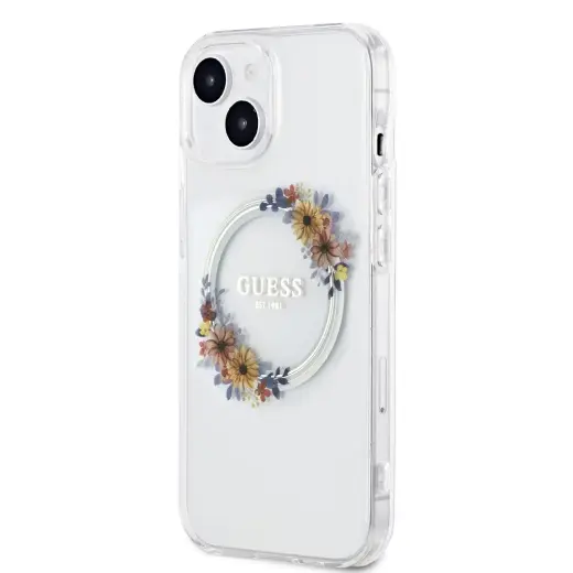 Guess PC|TPU Flowers Ring Glossy Logo MagSafe Case for iPhone 15 Plus Transparent