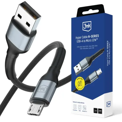 3mk Hyper N-SERIES datu pārraides un uzlādes vads | USB-A uz Micro USB | 12W | 1m | melns