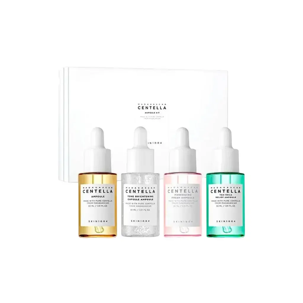 SKIN1004 Madagascar Centella Set : Poremizing, Pore-Minimising AND Smoothing, Day AND Night, Ampoules Treatment Serum, For Face, For Women, 30 ml + Tea-Trica, Smoothing, Day AND Night, Ampoules