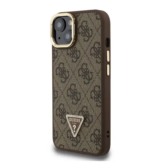 Guess PU 4G Strass Triangle Logo Stand Camera Frame MagSafe Case for iPhone 13 Brown