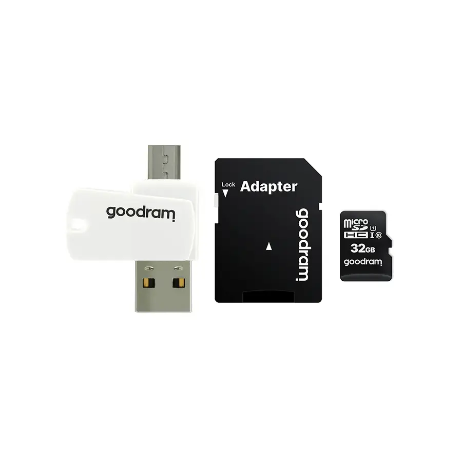 GOODRAM Memory MicroSD Card All-in-One - 32GB with adapter, UHS I Class 10, 100MB/s + reader